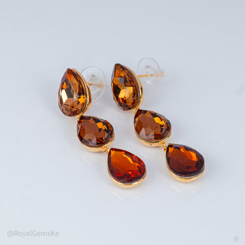 Triple Cushion Cut Amber Crystal Dangle Earrings