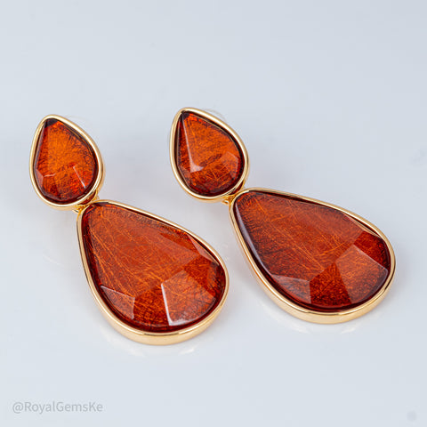 Gold-Framed Double Teardrop Dangle Earrings – Amber Quartz