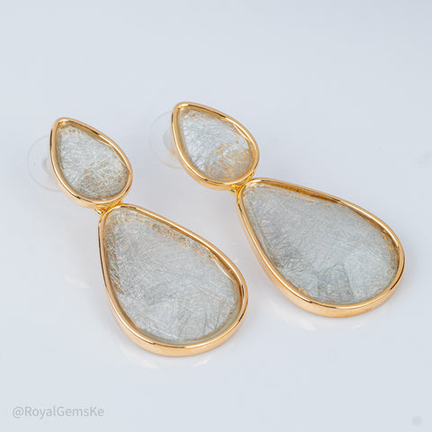 Gold-Framed Double Teardrop Dangle Earrings