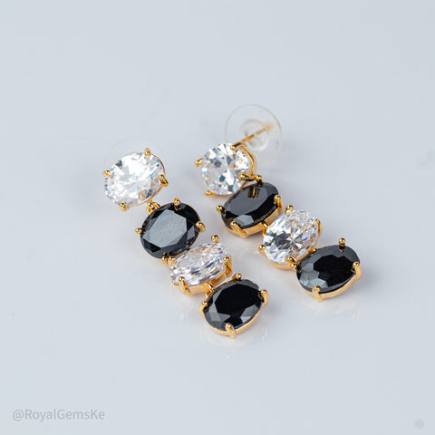 Gold-Plated 4 Cushion Crystal Dangle Earrings - Black and Clear Mix