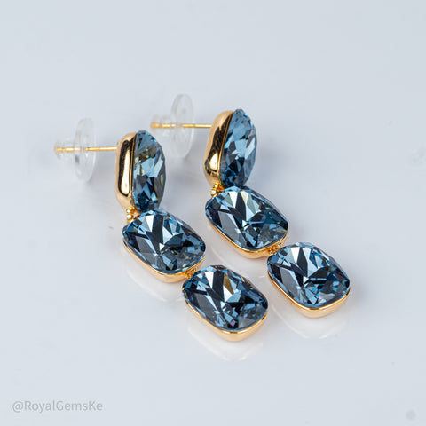 Triple Cushion Cut Sapphire Blue Crystal Dangle Earrings