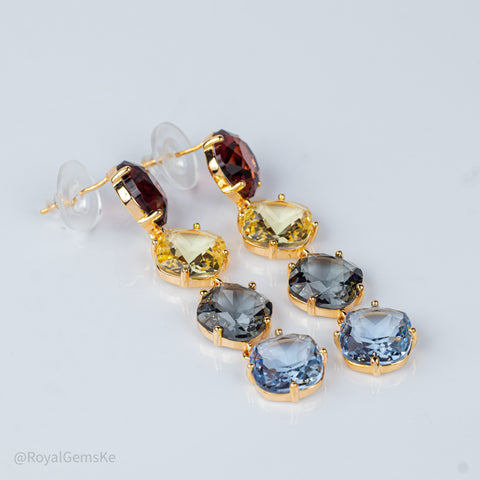 Gold-Plated Four Cushion Crystal Dangle Earrings – Multicolor Blend