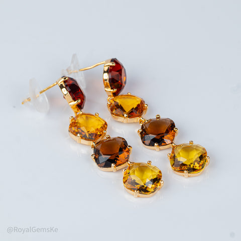 Gold-Plated Four Cushion Crystal Dangle Earrings – Amber Tones