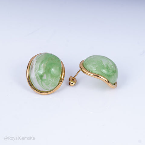 Fresh Green Marbled Button Earrings