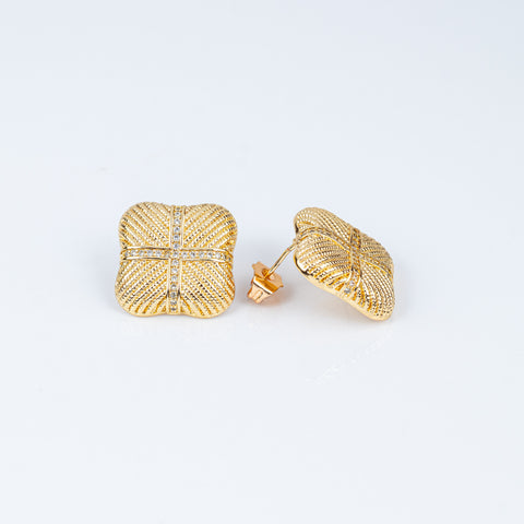Golden Ribbed Pave Button Earrings