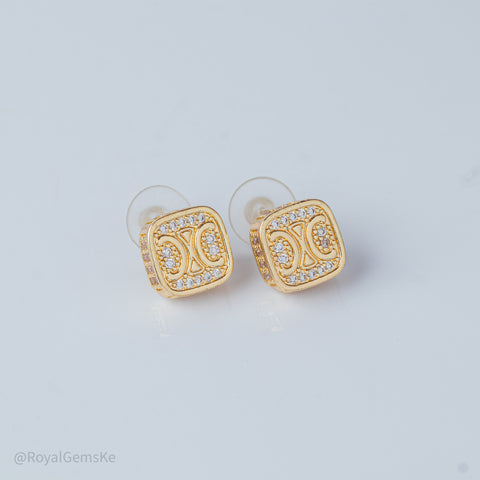 Golden Pave Square Stud Earrings