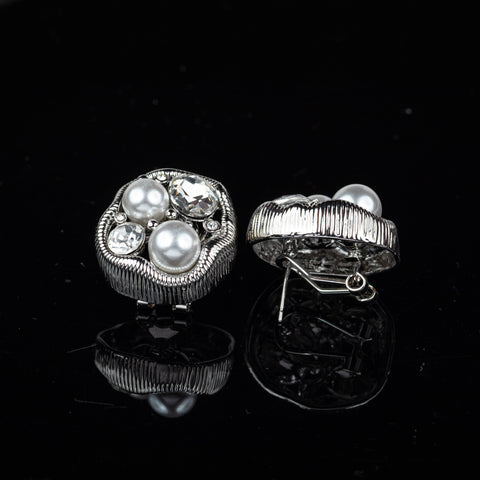 Silver Artisan Pearl & Crystal Medallion Earrings