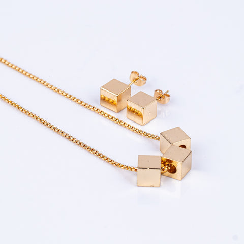 Geometric Gold Cube Pendant Set
