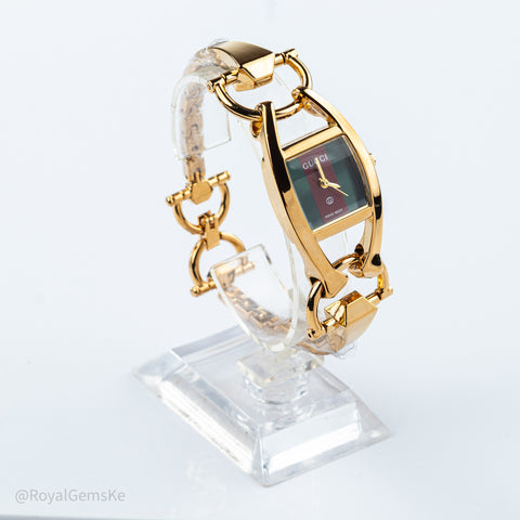 Luxe Gucci Signature Green & Red Motif Bangle Watch
