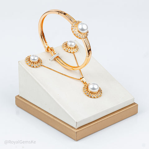 Golden Petal Pearl Pendant & Bangle Set