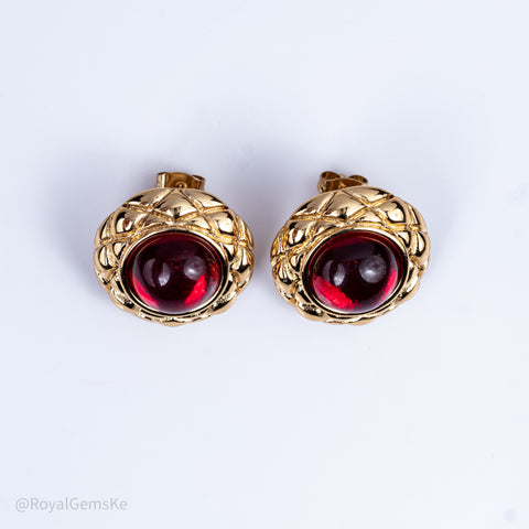 Deep Red Cabochon Gold Basket Button Earrings