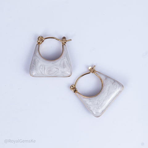 Pearl White Marbled Square Button Earring