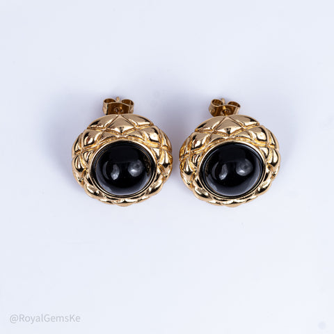 Onyx Black Glossy Dome Button Earrings